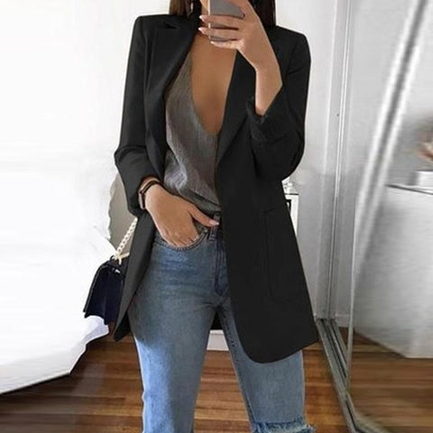 Cysincos Slim Blazer Women 2019 Fashion Autumn Casual Jacket Female Office Lady Suit Solid Turn-down Collar Blazer Coat Tops