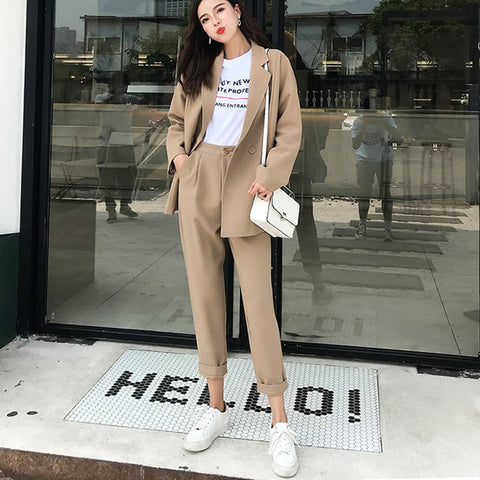 BGTEEVER Casual Solid Women Pant Suits Notched Collar Blazer Jacket & Pencil Pant Khaki Female Suit Autumn 2019 high quality
